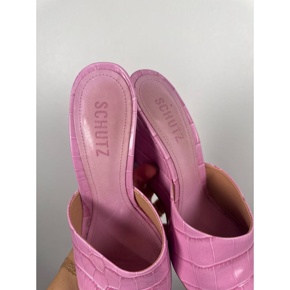 SCHUTZ Lucimara Croc Embossed Wedge Slide Sandals in Barbie Pink, 8.5 - Picture 2 of 7